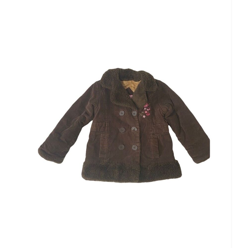 London Fog Girl’s Coat Brown Corduroy Embroidered Faux Fur Button Up Size 2T